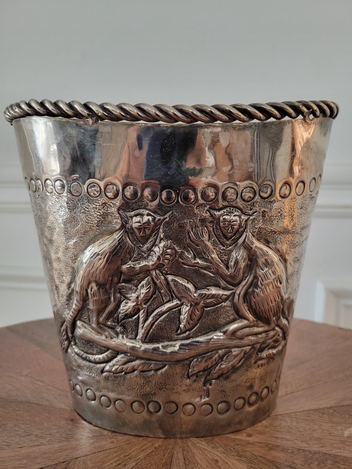 Metel Silver Tone Repousse Monkeys Planter Or Vase