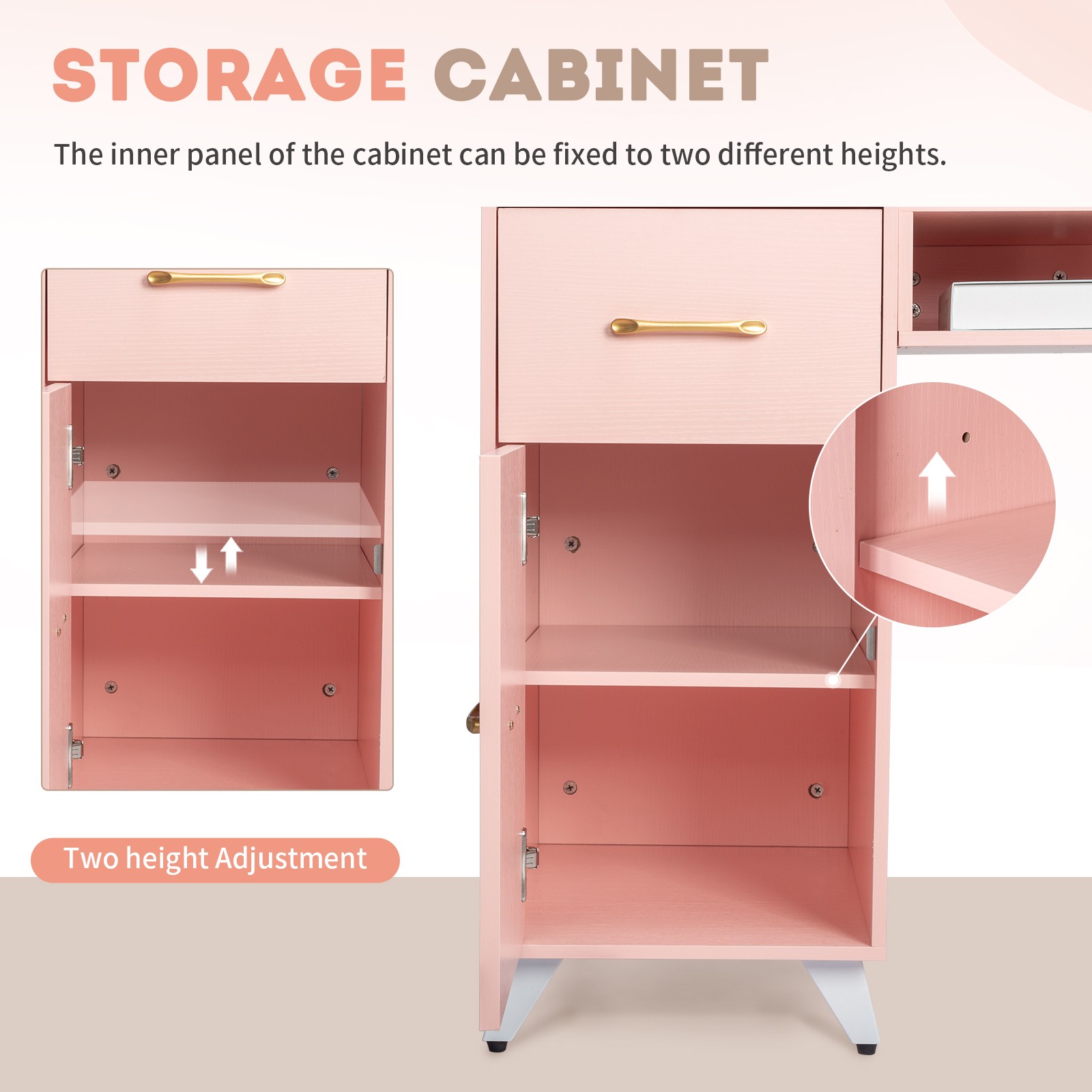 Pink Relief Nail Table w/ 3 Doors & 2 Drawers, Particle Board & Tempered Glass