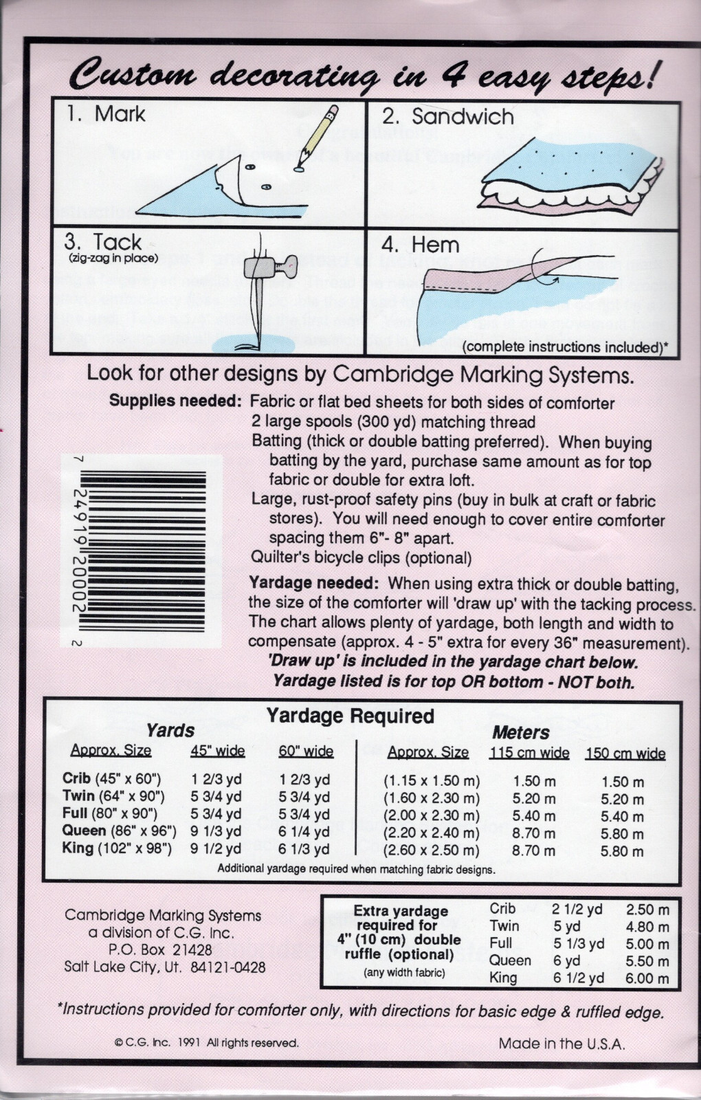"Hearts" ©1991 Cambridge Marking Systems Fabric Template for Bedspread/Comforter