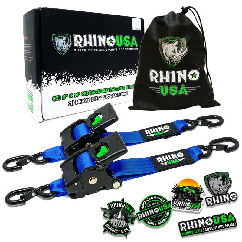 RHINO USA - Retractable Ratchet Straps 2Pk 2In X 10Ft (Blue) | TD-RSRE2X10-BLU