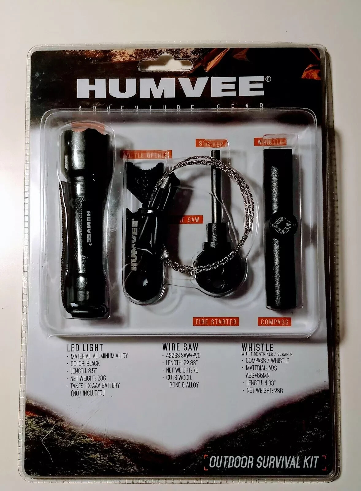 5-piece Humvee Survival Kit Wire Saw Whistle LED Flashlight Fire Starter Compass