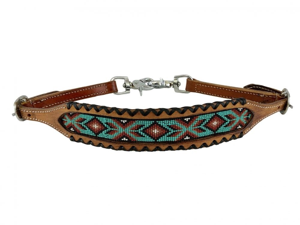 Rawhide braided AZTEC BEADED WITHER STRAP w/ Burgundy Teal center Black lacing