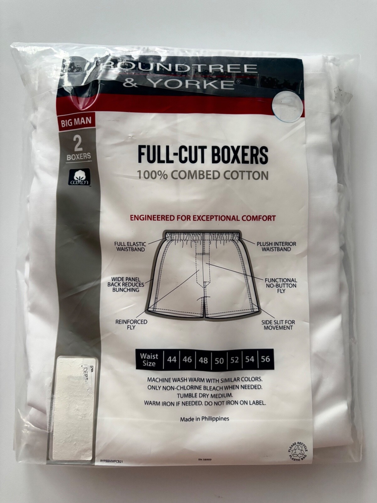 Roundtree & Yorke 2 Pack Solid White Combed Cotton Underwear Full Cut Boxers