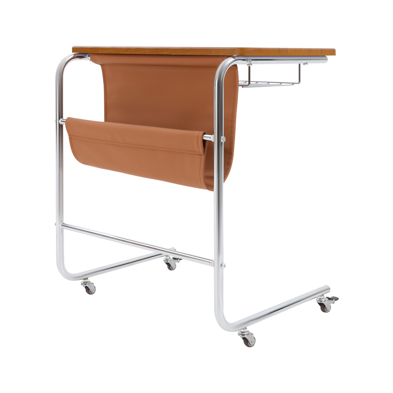 C-shaped End Table With Universal Wheels Sofa Side Table With Pu Storage Bag