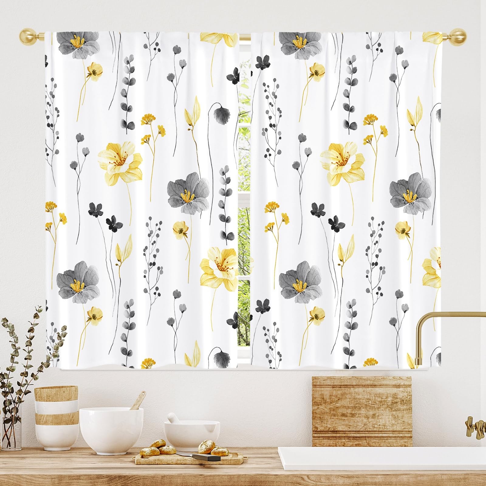 Kitchen Curtains 26x39 Inch Short Tier Set GRS Recycled Polyester Floral