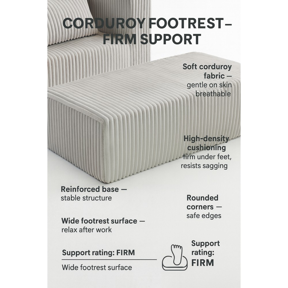 Modular Oversized Corduroy Floor Couch with Ottoman, All-Foam Deep-Seat