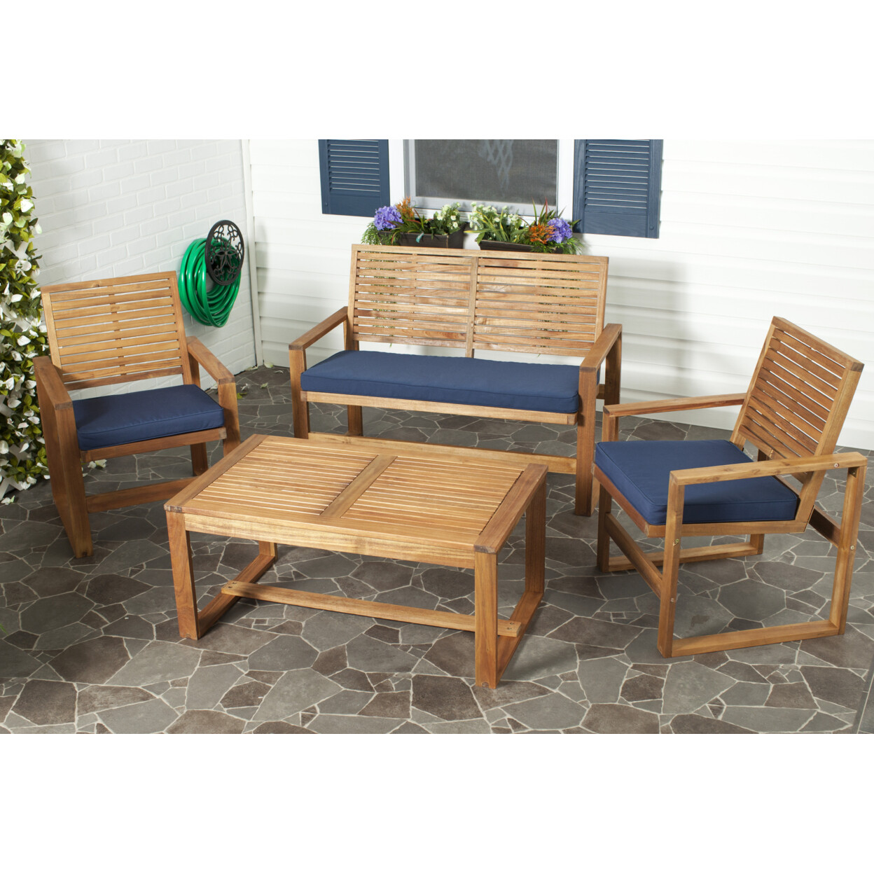 SAFAVIEH Outdoor Collection Ozark 4-Piece Patio Set | Brown/ Navy |