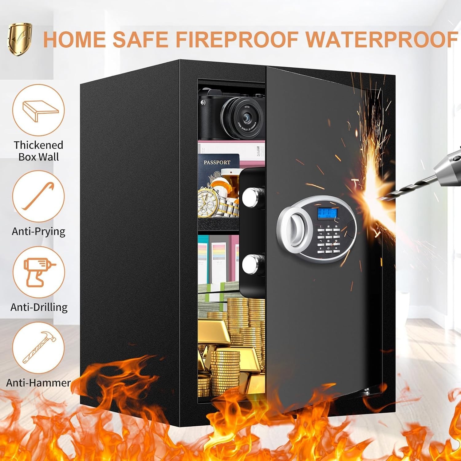 Waterproof 3.3 Cu Ft Digital Safe with Removable Shelf for Valuables & Documents
