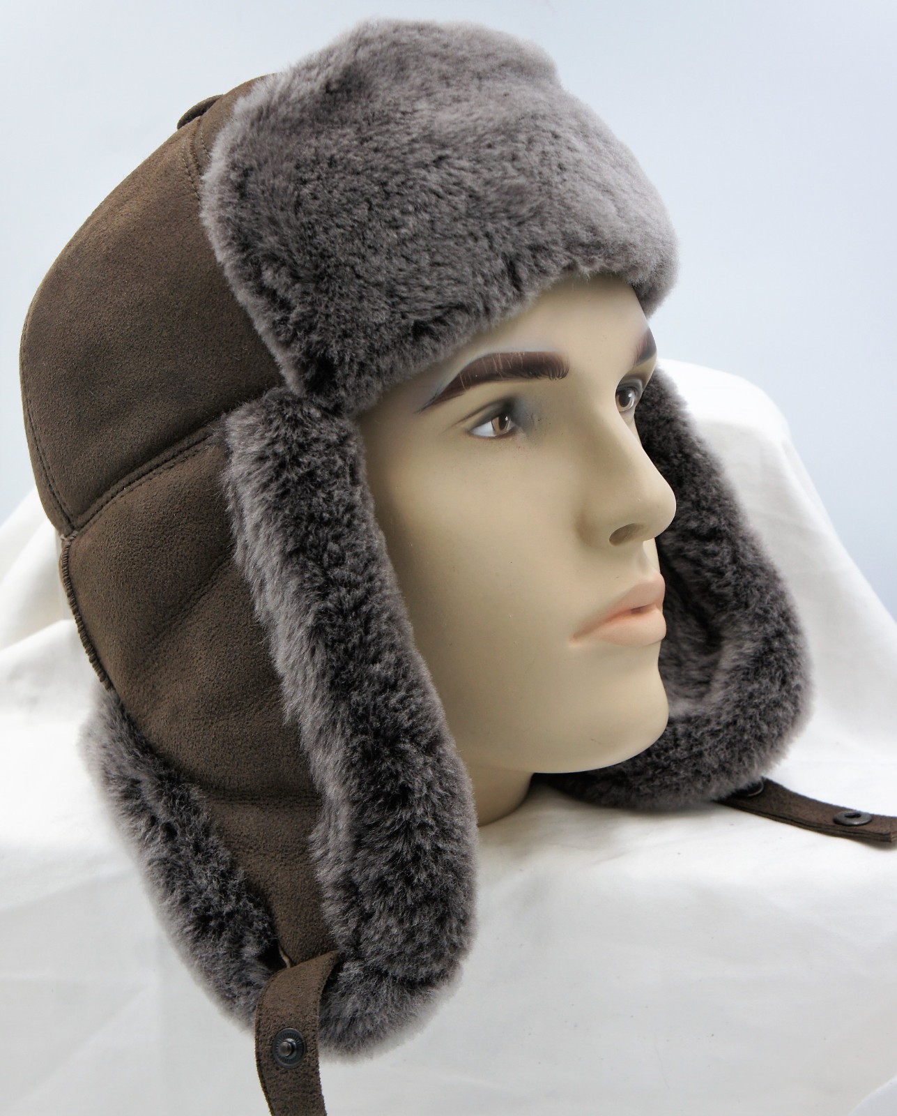 TOBACCO /GRAY 100% Sheepskin Shearling Leather Hat Trapper Ushanka Hunting M-3XL