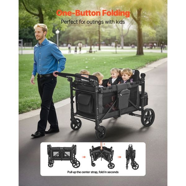 Wagon Stroller for 4 Kids, Push Pull Quad Collapsible Stroller