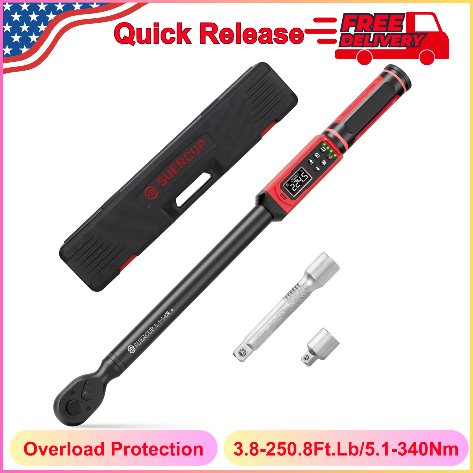 SUERCUP 1/2" Drive Digital Torque Wrench, 3.8-250.8Ft.Lb/5.1-340Nm, ±1% Accuracy