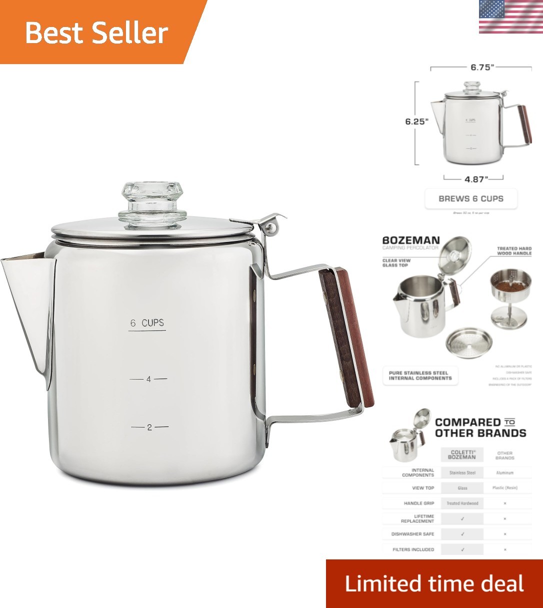 Bozeman Percolator Coffee Pot — NO Aluminum or Plastic [6 cup]