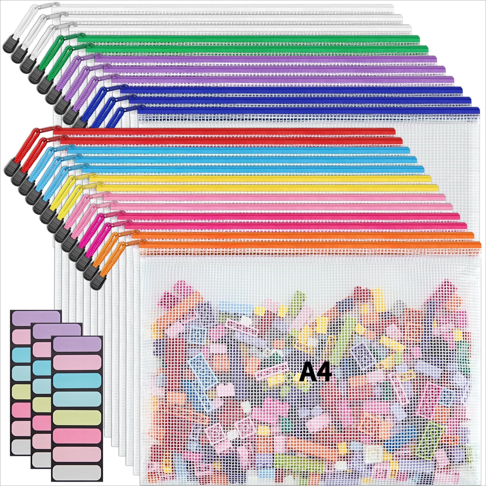 A4 Mesh Zipper Pouch Bags, 24 Pcs Waterproof Zipper Pouch Bags