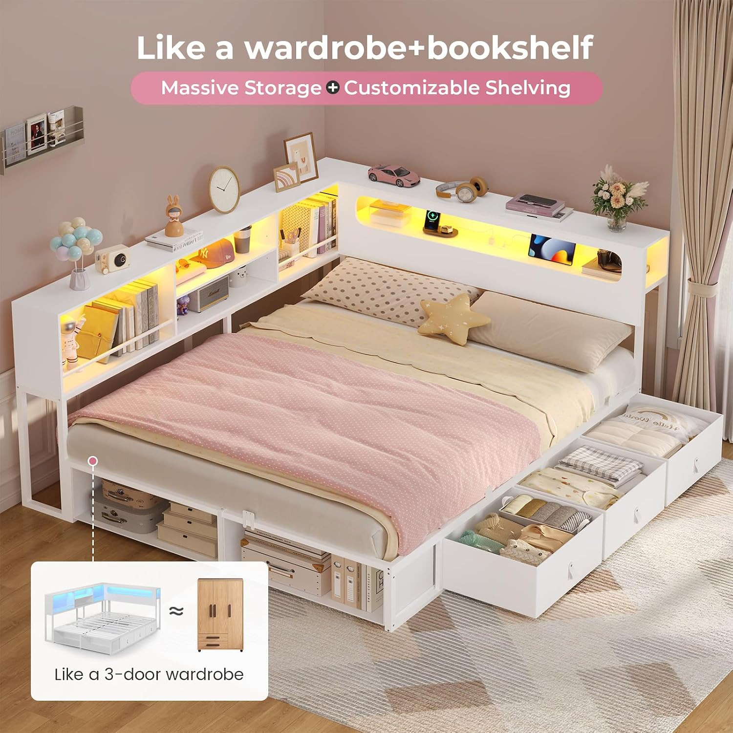 Corner Bed Frame Full Size with Bookcase Storage & Headboard White | RGB Lights,