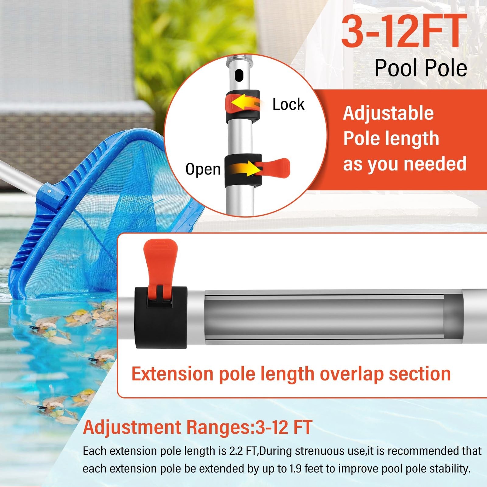 ACTREY Heavy Duty Telescopic Pool Pole,12FT Extendable Pool Pole