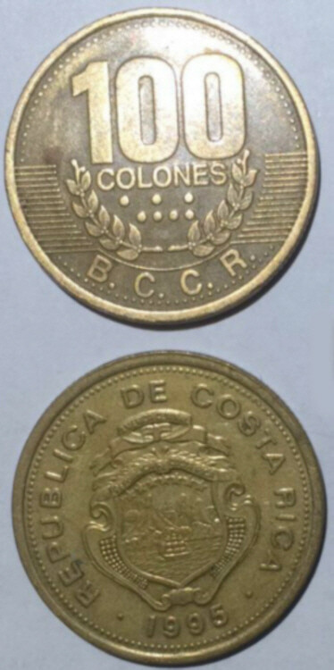 100 COLONES COSTA RICA - COPPER & STEEL 1-3/16 - 1995 COINs (LOT OF 10) -