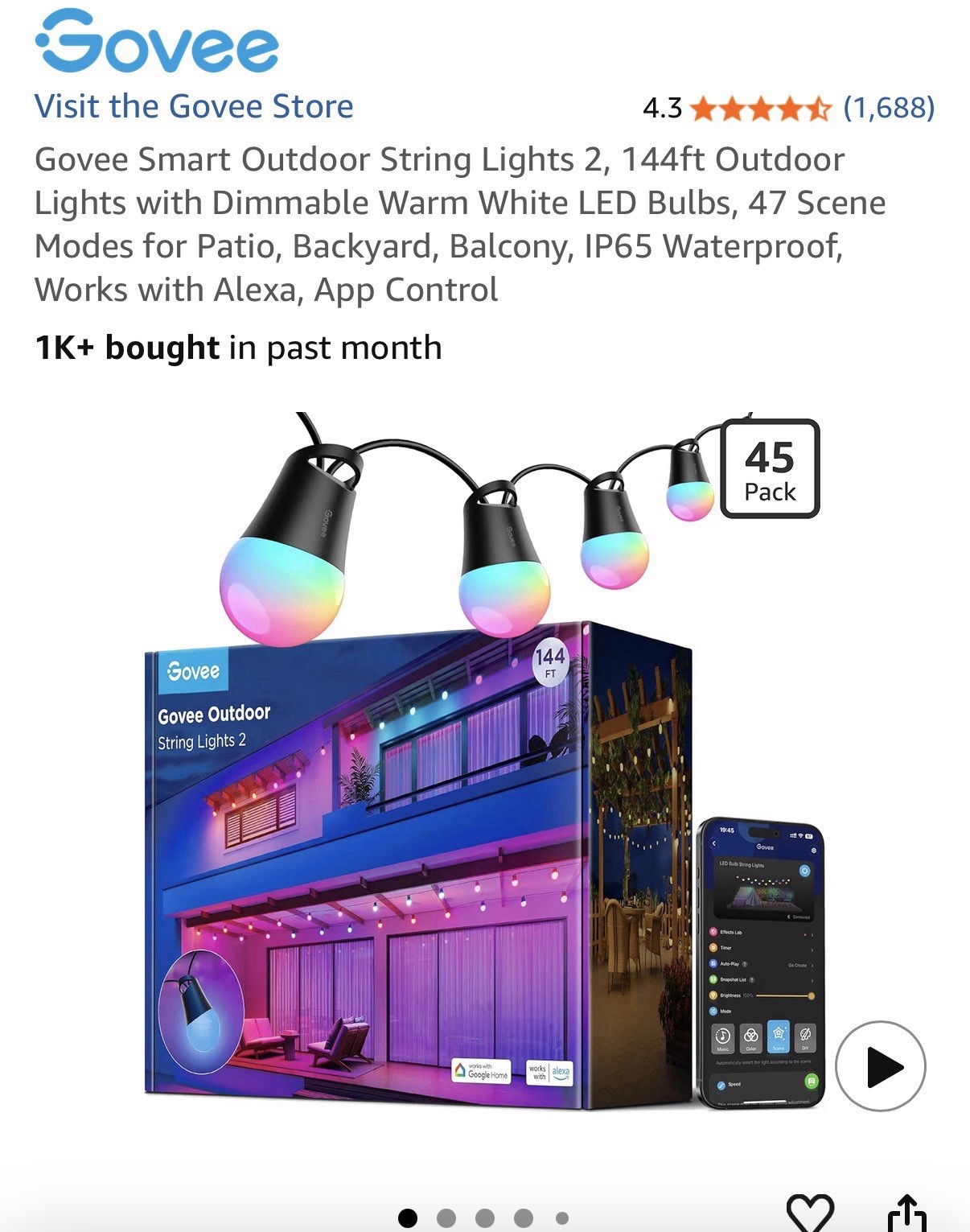 Govee Outdoor String Lights 2 144ft 45 LED Multicolor Dimmable Waterproof