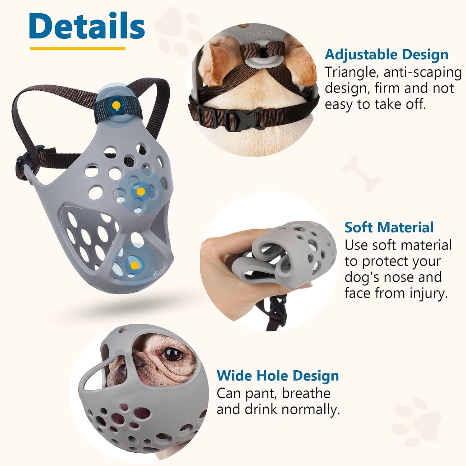 BARKLESS Short Snout Dog Muzzle, Soft M（Head 15-16½）, Gray