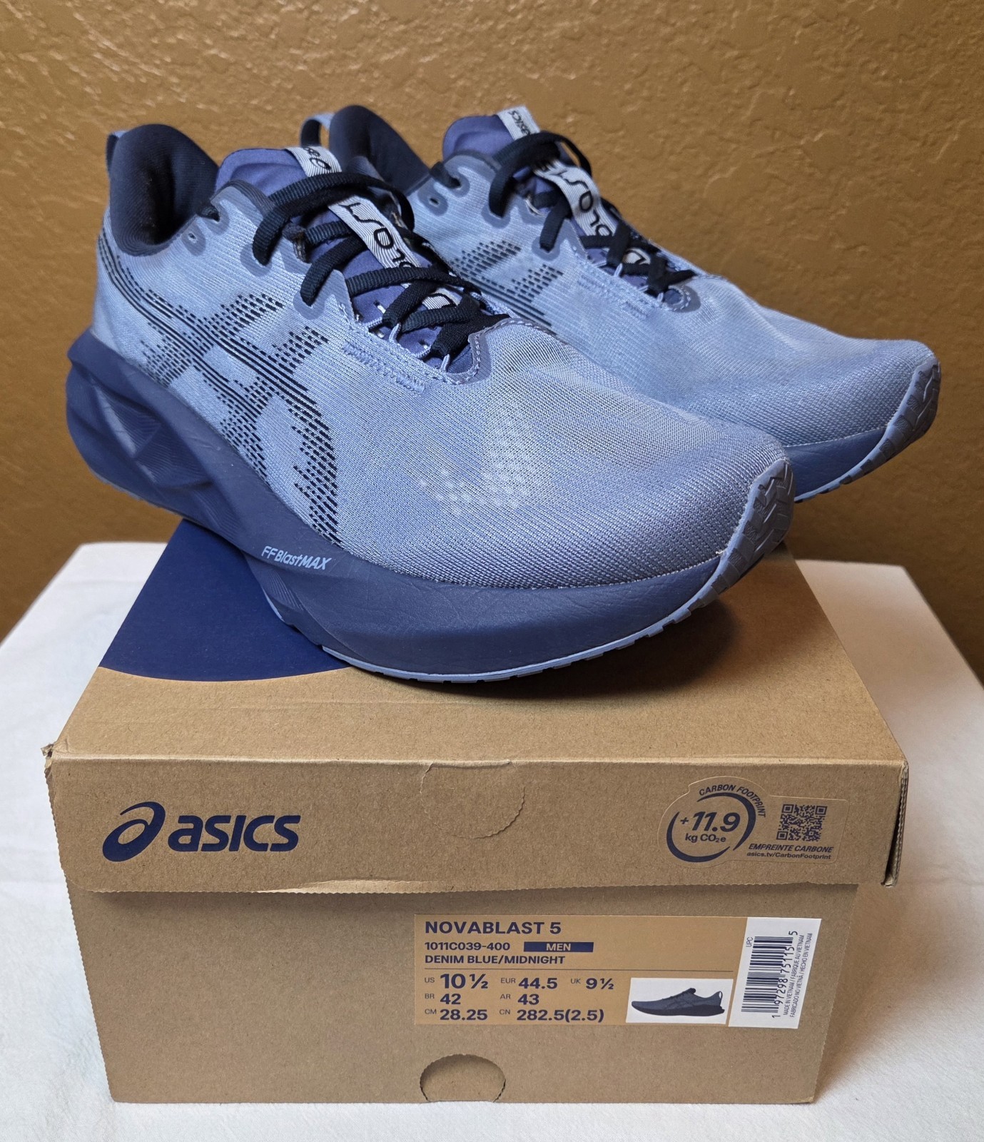 Asics NOVABLAST 5 RUNNING Shoes DENIM BLUE Size 10.5 US MENS FF BLAST MAX