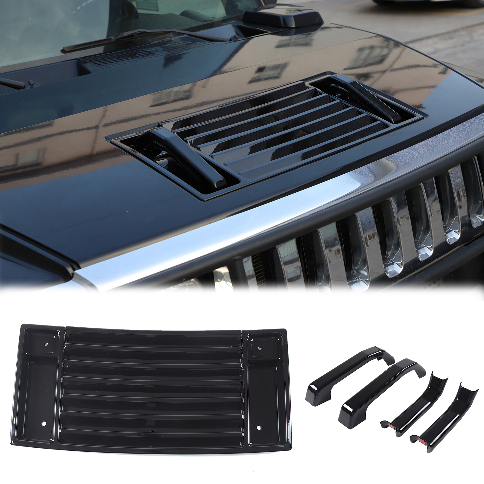 Glossy Black Hood Deck Vent With Handle Covers Kit For Hummer H2 2003-2009 4PCS