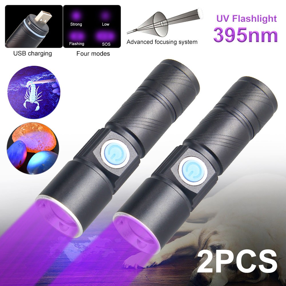 2PCS UV Flashlight Ultra Violet Mini Blacklight Light USB Charging Torch 395NM