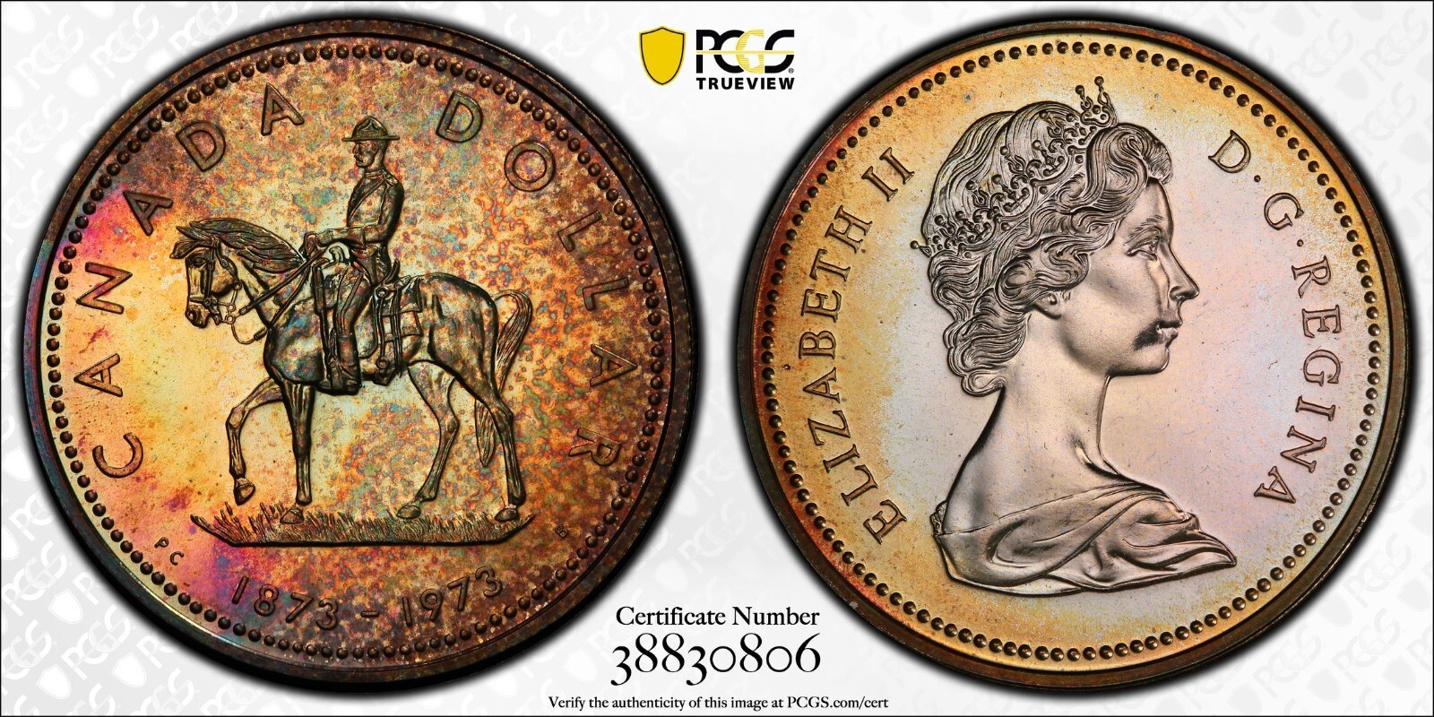 C280 Canada 1973 Silver Dollar R.C.M.P. Centennial KM-83 PCGS SP66 Nicely toned.