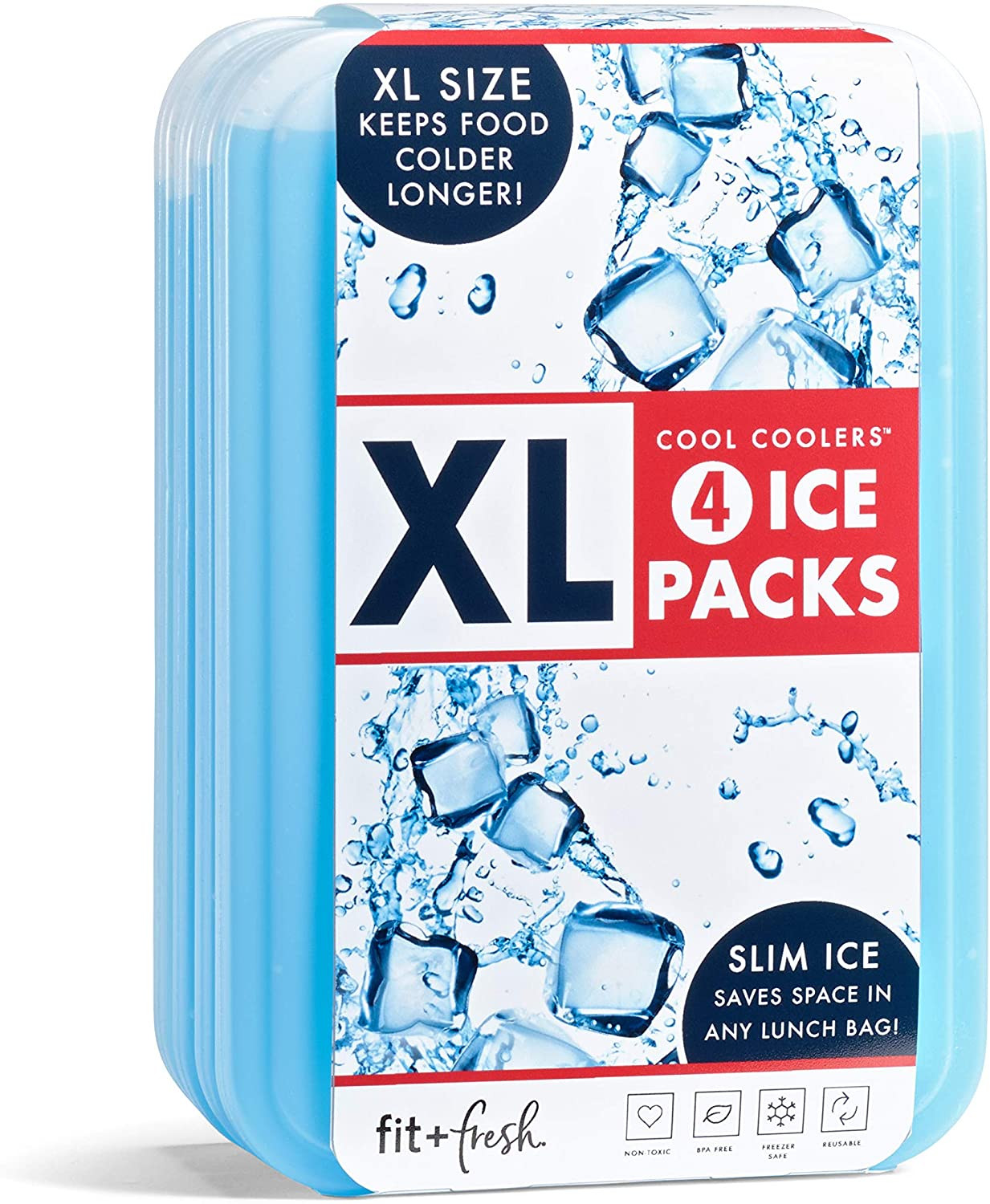 Fit & Fresh XL Slim Ice Packs 4 Pack Reusable Freezer Packs for Lunch Box