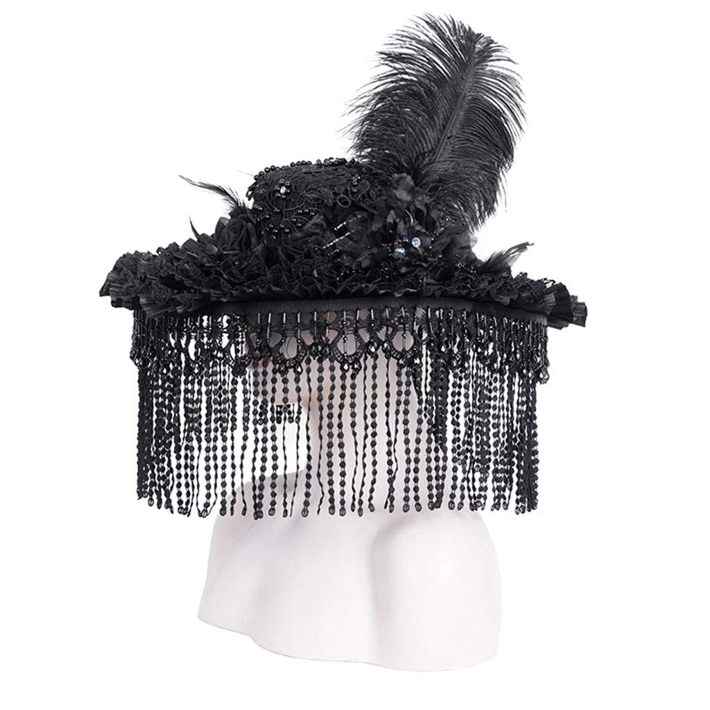 Eva Lady Women Black Vintage Gothic Victorian Beaded Tassel Feather Hat