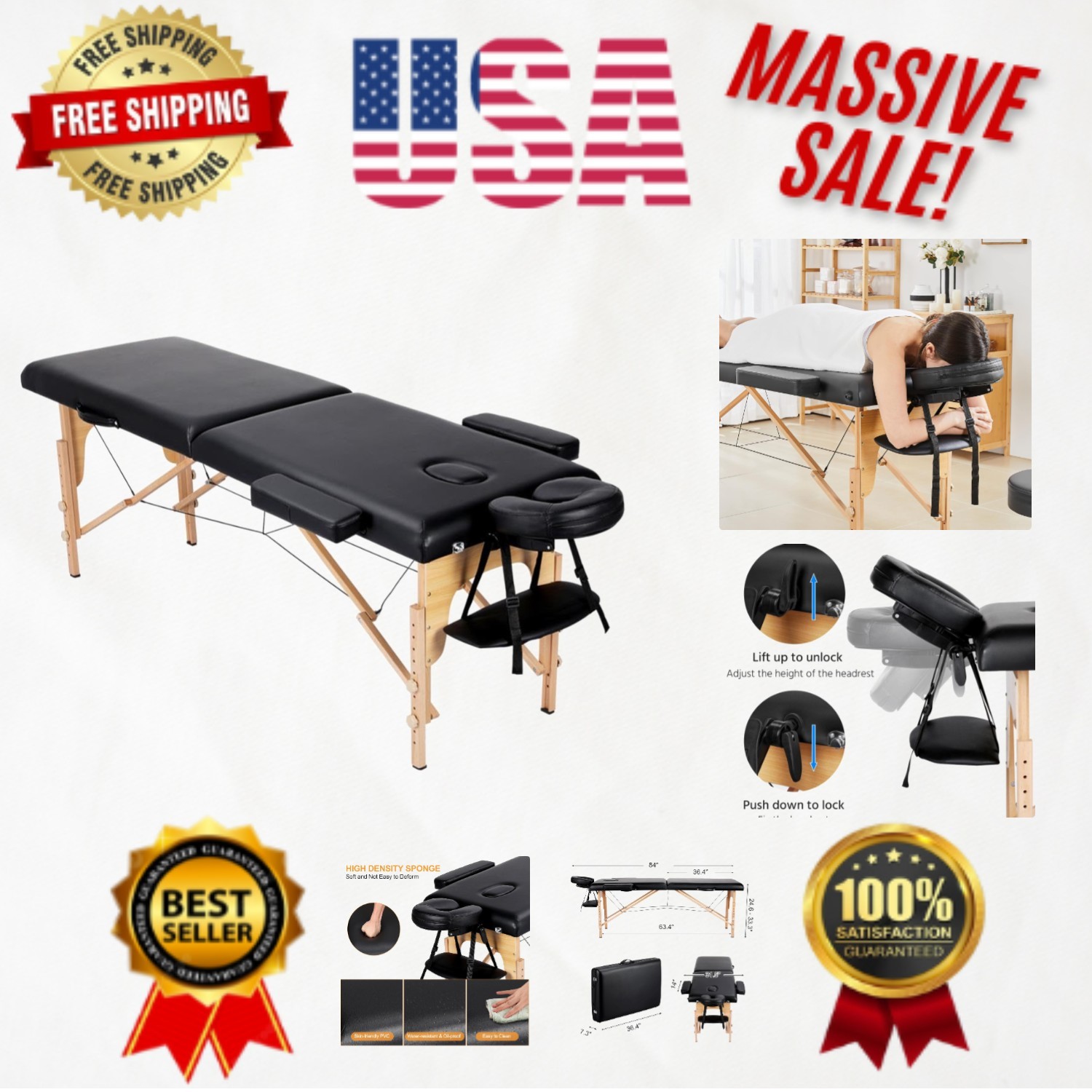 Compact Black Ergonomic Massage Table with Adjustable Headrest - 551lbs Capacity
