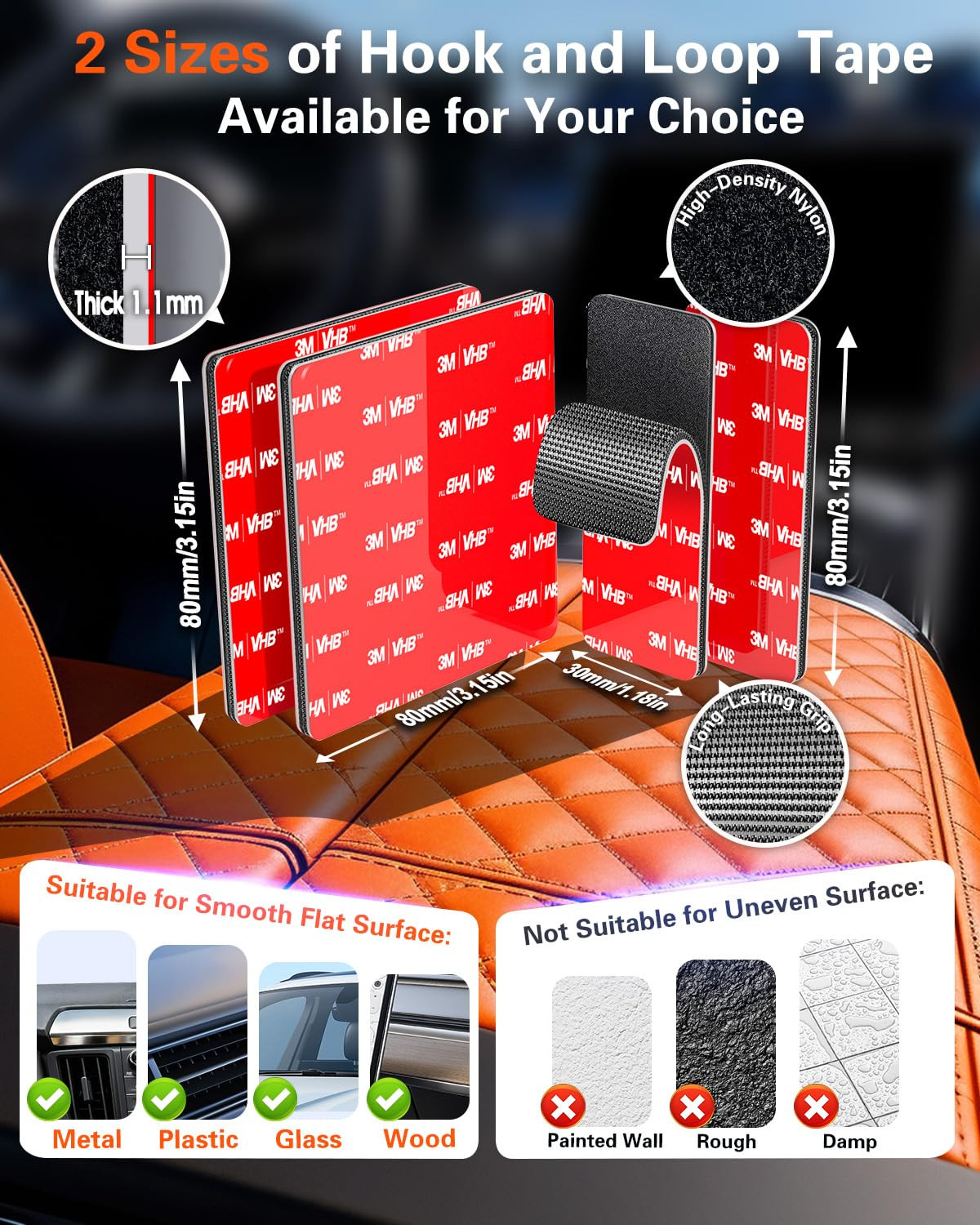 Heavy-Duty Hook and Loop Strips Adhesive: 4 Sets(2 Square 3.15'' & 2 Rectangle 3