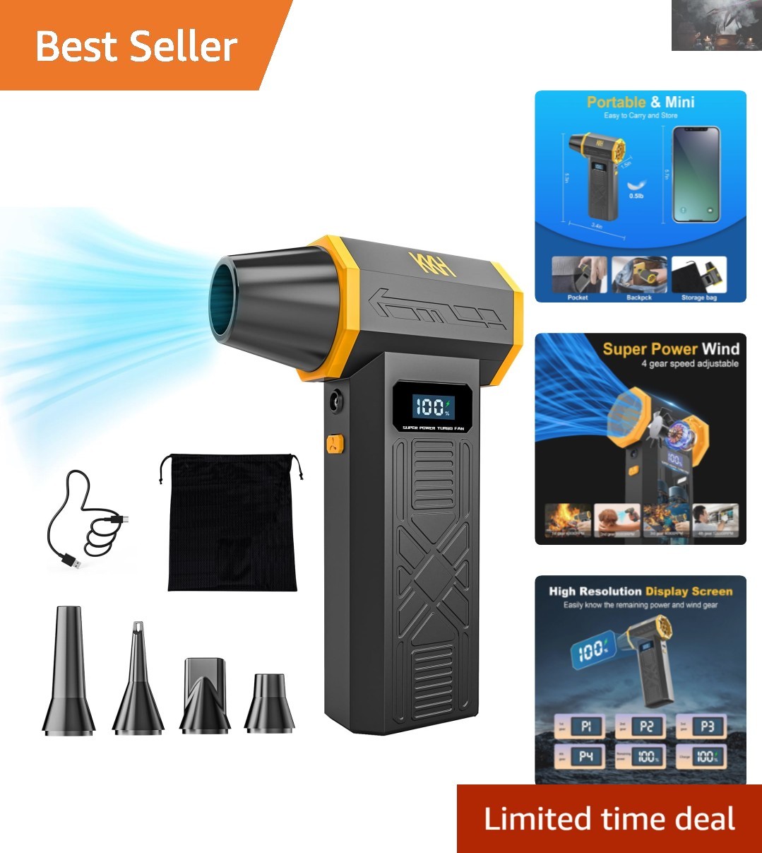 Compact Electric Air Blower - 120,000 RPM, LED Light & Eco-Friendly Design