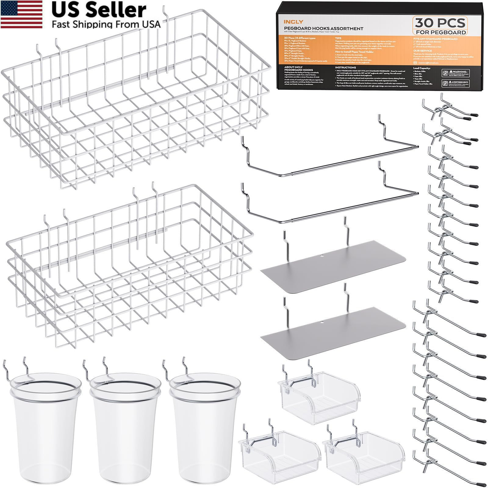 INCLY 30PCS Peg Board Organizer Accessories Kit, Pegboard Hooks Clear