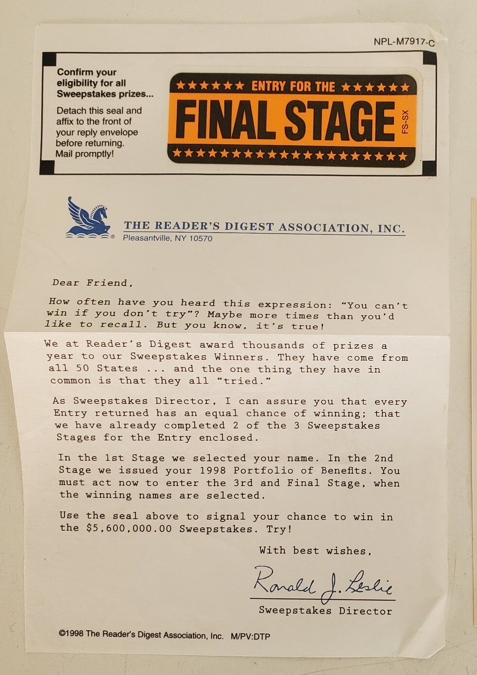 Readers Digest Association Inc. Letterhead Sweepstakes 1998 Y2K Leslie Epherma