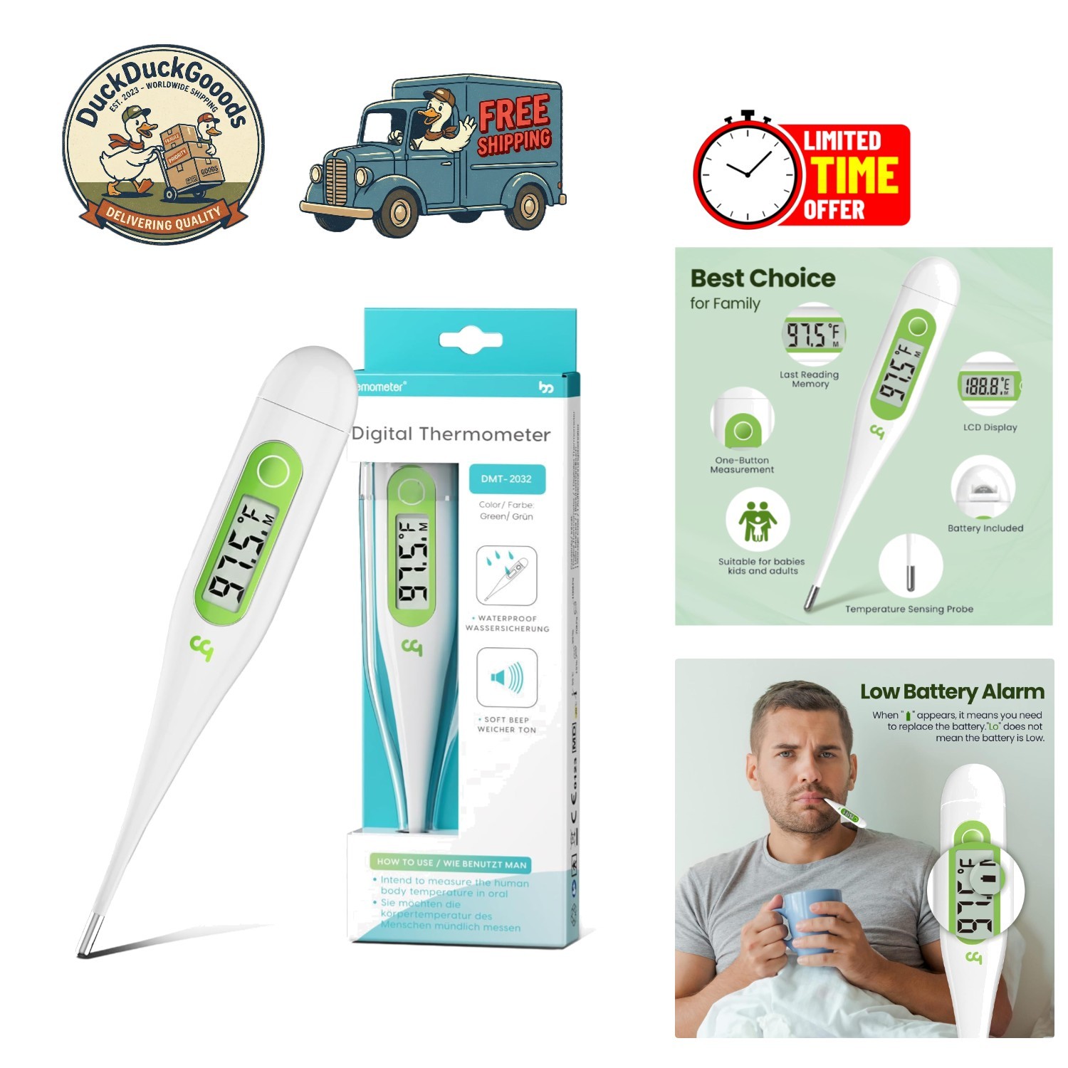 Family-Friendly Digital Thermometer - Fever Alert, Waterproof & Lightweight