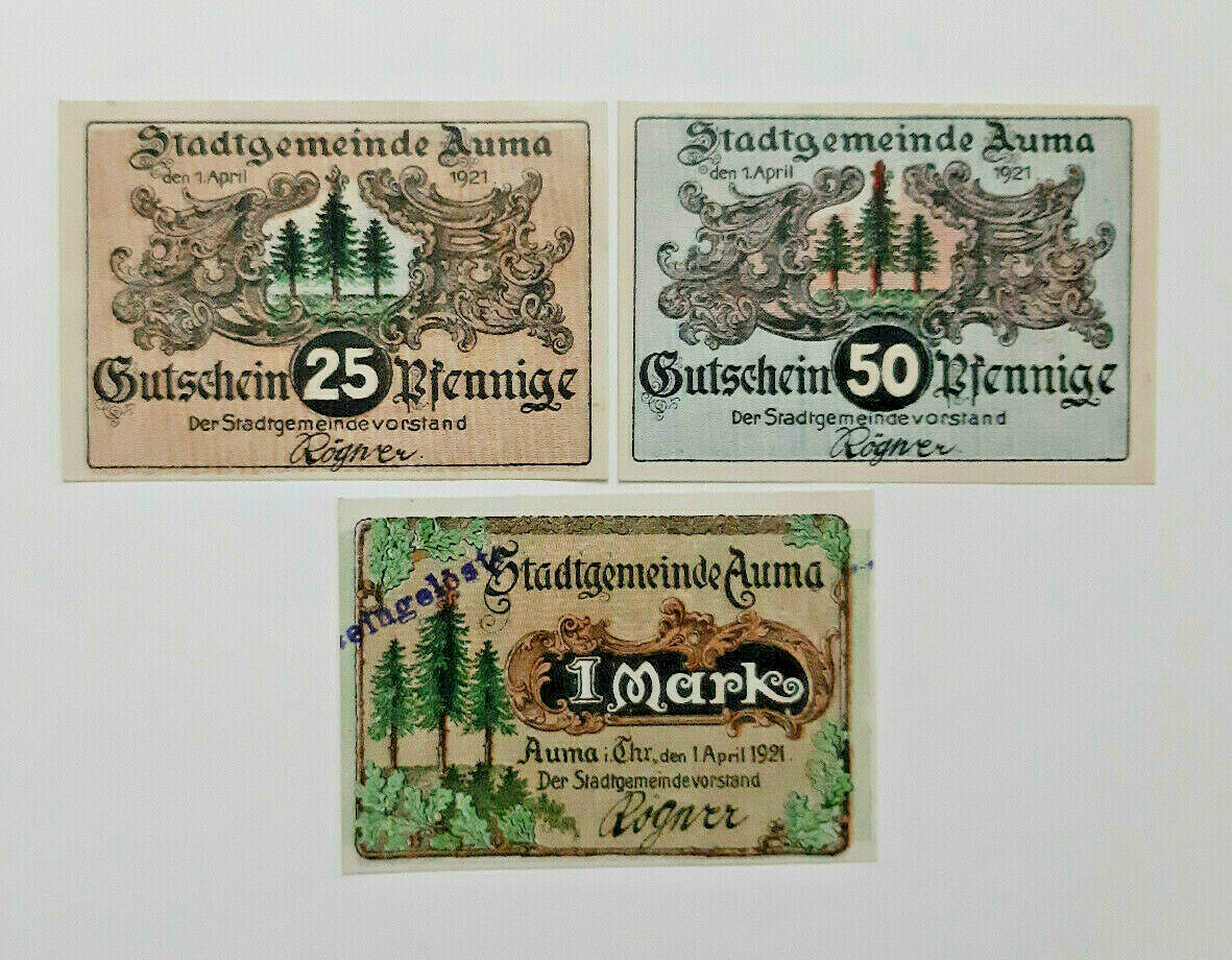 AUMA NOTGELD 25, 50 PFENNIGE, 1 MARK 1921 EMERGENCY MONEY GERMANY (18409)