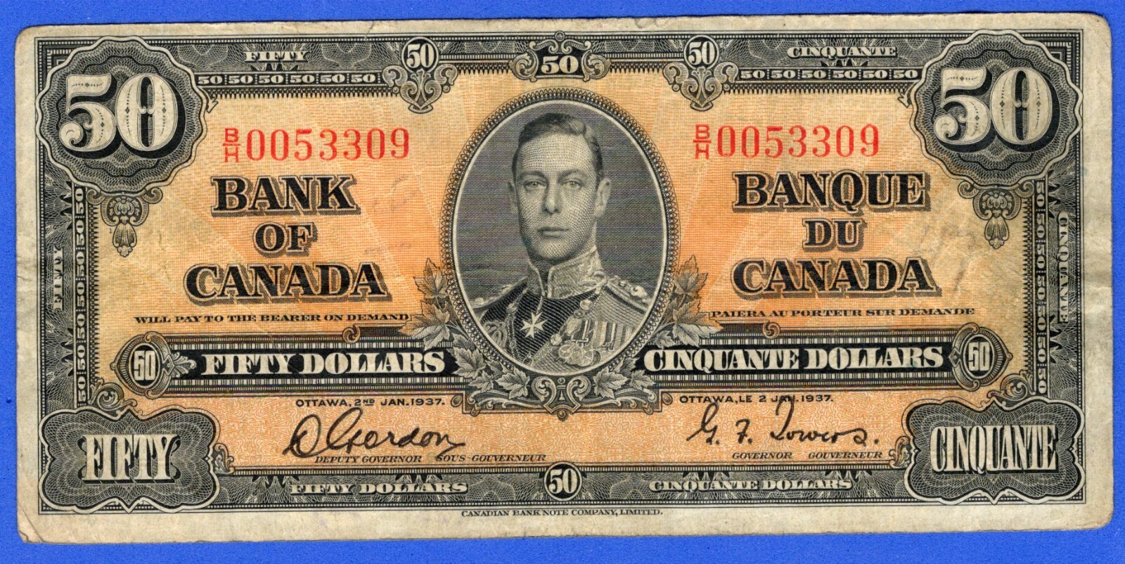 CANADA $50 1937 BC-26b / P-63b King George VI Circ. Note B/H 0053309