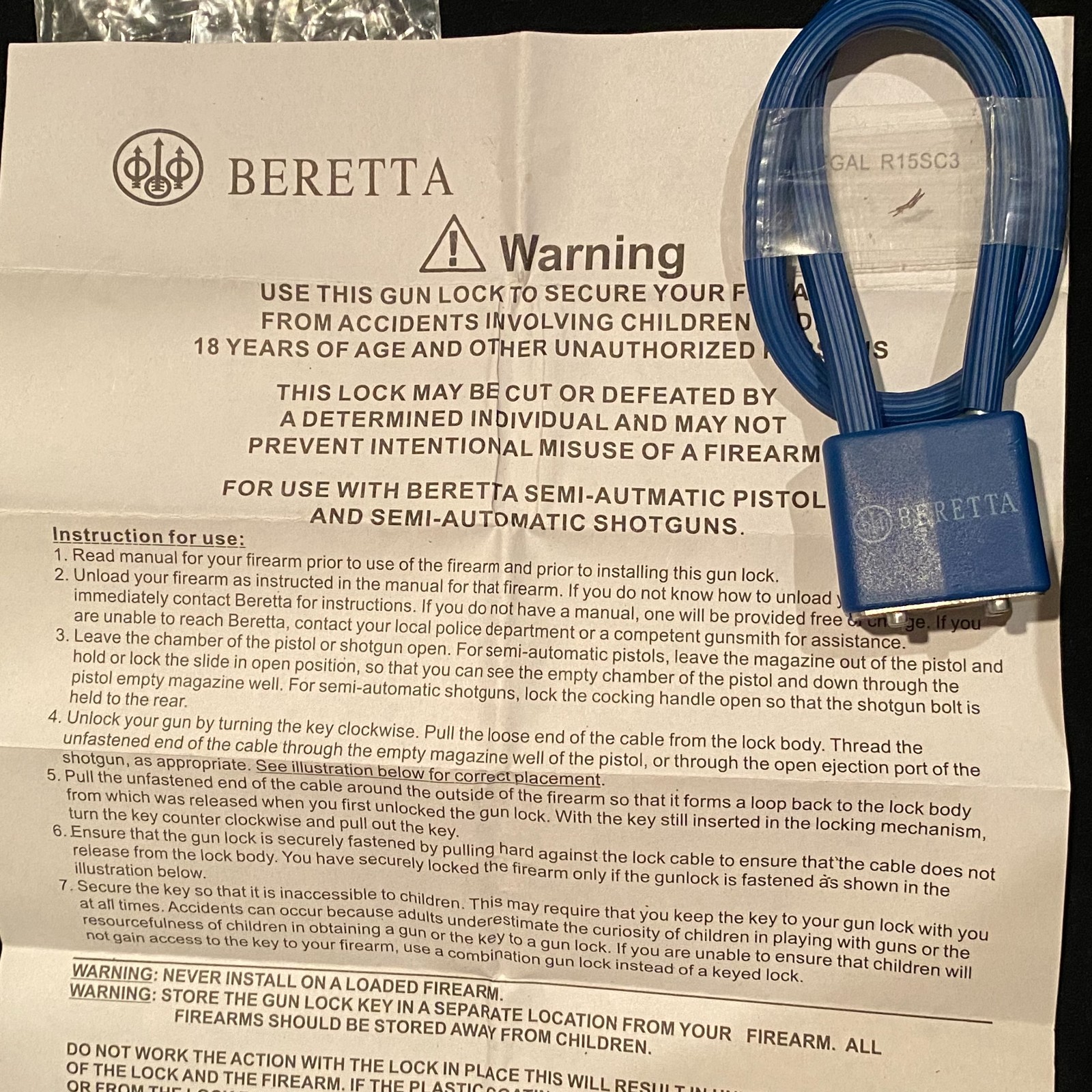 BERETTA R15SC3 Blue Cable Gun Lock w/ 2 Keys & Instructions