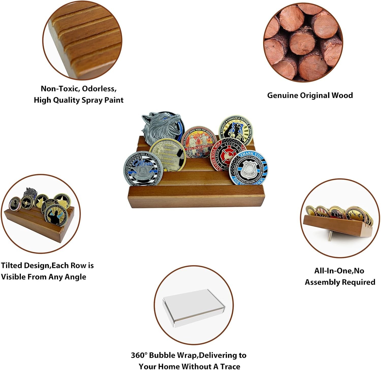 Challenge Coin Holder Display Case - 4 Row Solid Wood Military Rack - Walnut
