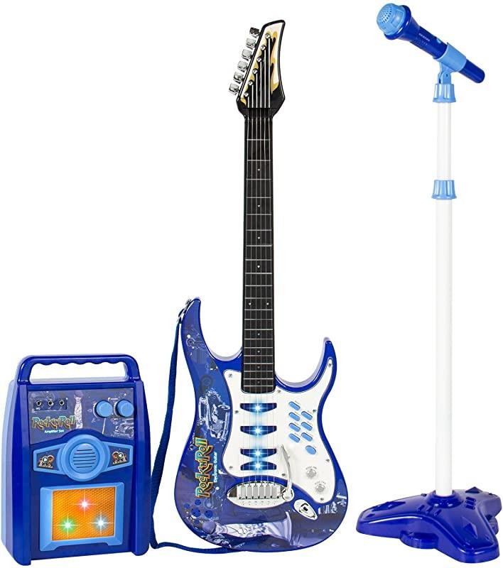 Kids Blue Electric Rock Guitar Whammy Bar Microphone Amp Speakers Music B21