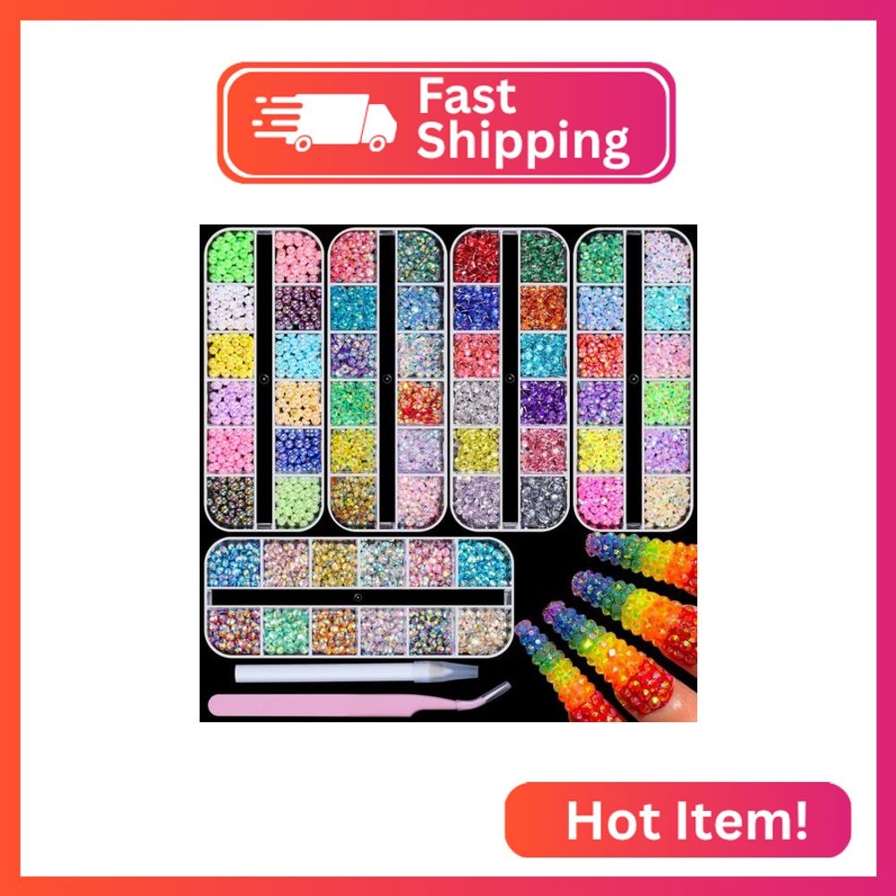 5 Boxes 3000pcs Sparkling Crystal Nail Rhinestones Pearls Kit, Flatback Multicol