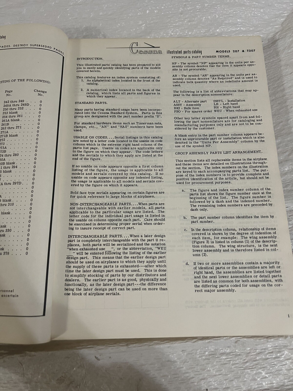 1969 Thru 1973 cessna skywagon 207 parts catalog Book
