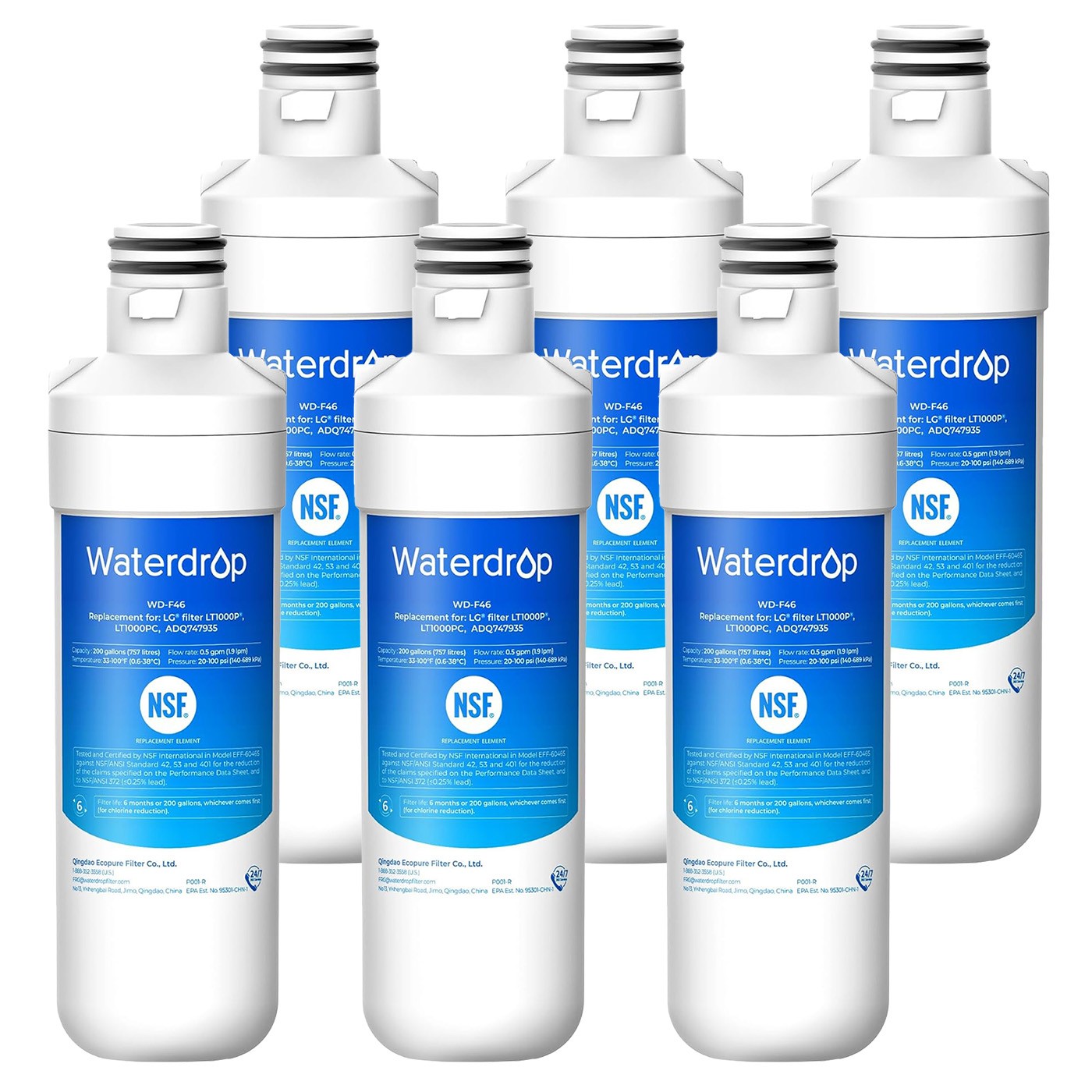Waterdrop F46 Refrigerator Water Filter, Replacement for LG® LT1000P®, Pack of 6