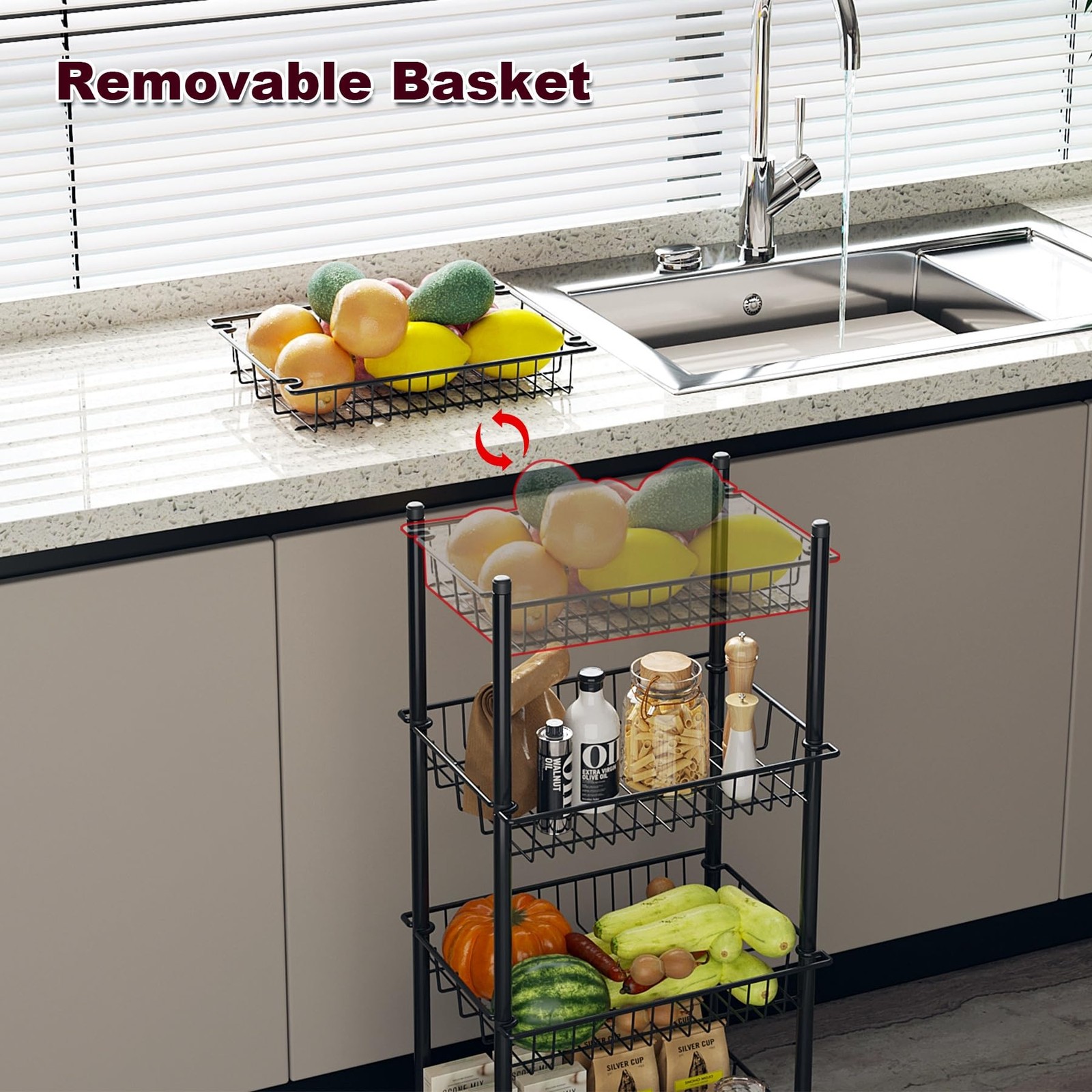 4Tier Metal Rolling Utility Cart Removable Baskets Storage Wheels Black