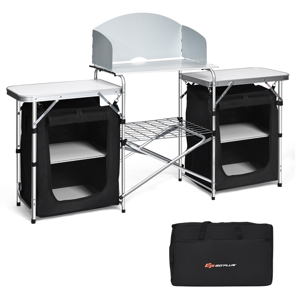 Folding Portable Aluminum Camping Grill Table w/ Storage Organizer Windscreen
