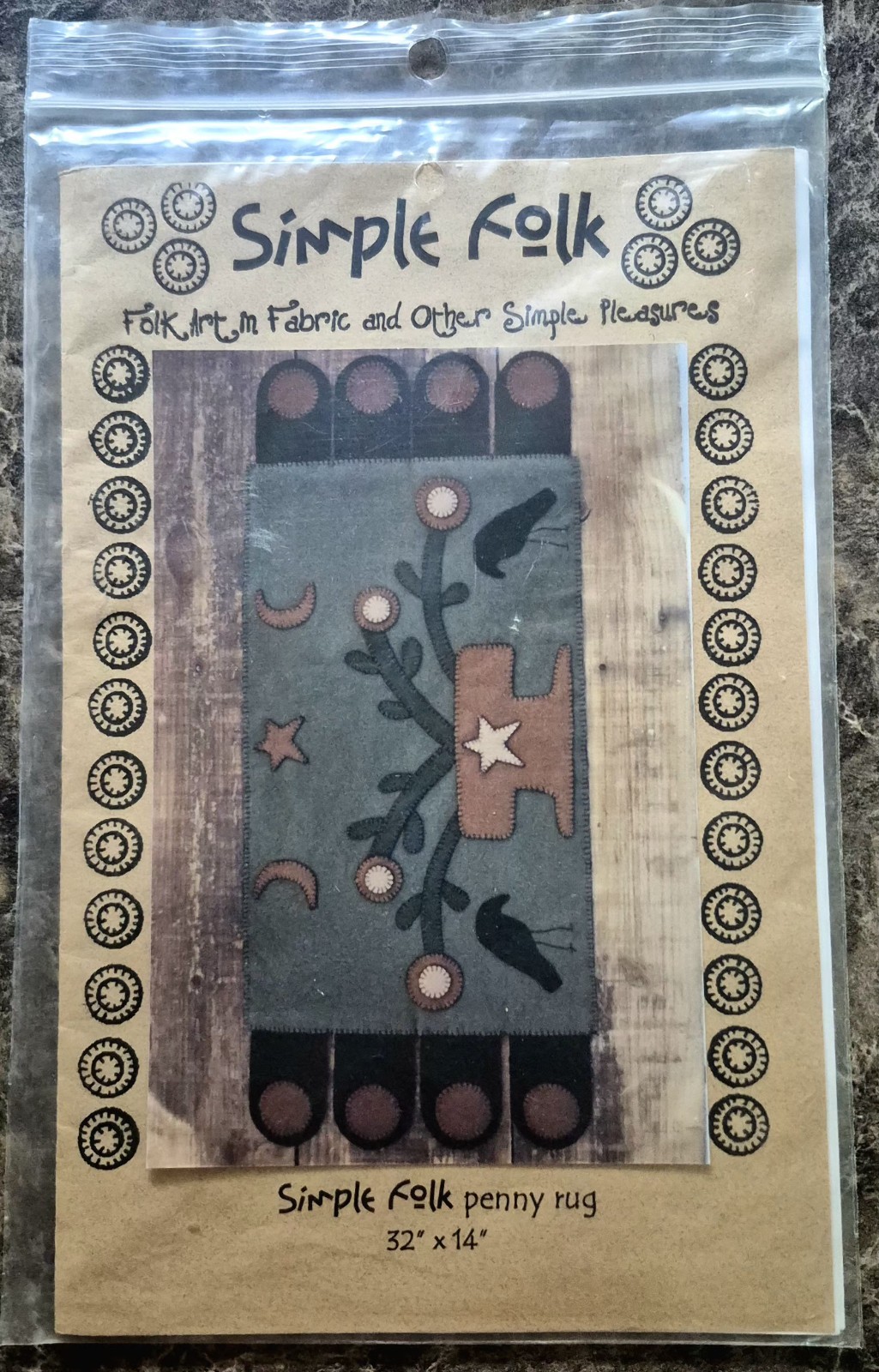 Primitive Wool Penny Rug Embroidery Sew Pattern Flowers Crows Moon Star Folk Art
