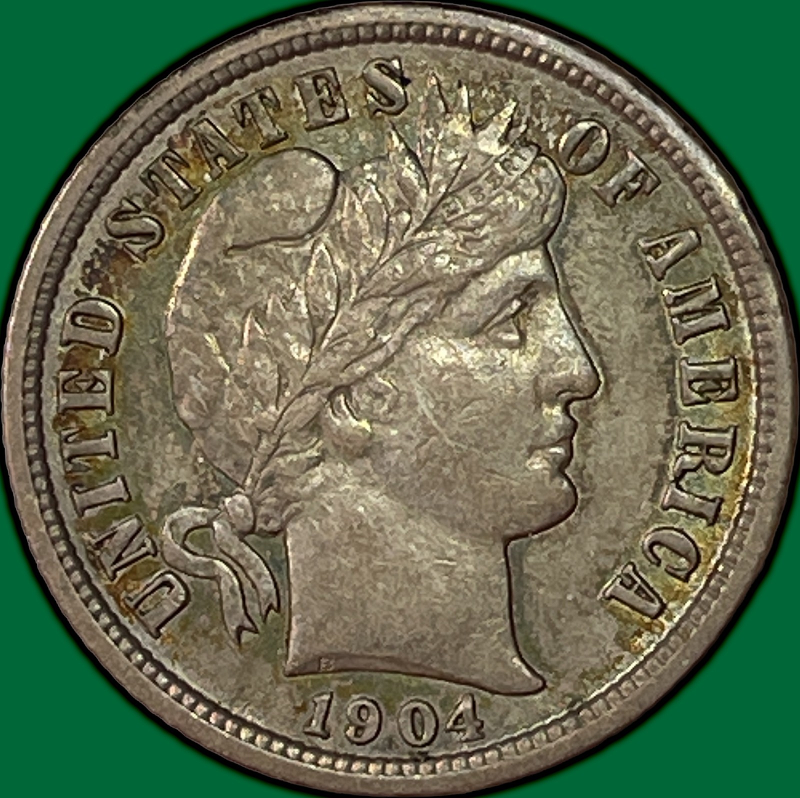 1904 Rainbow Toning Barber Dime Choice Almost Uncirculated AU+ Coin #44394