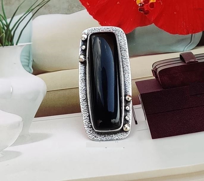 Long Black Onyx 925 Sterling Silver Ring: Handmade Gemstone Ring All Size R 473