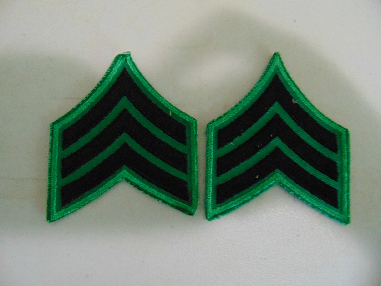 MILITARY POLICE OR FIRE PATCH SET OF 2 SEW ON SERGEANT STRIPES BLACK ON GREEN