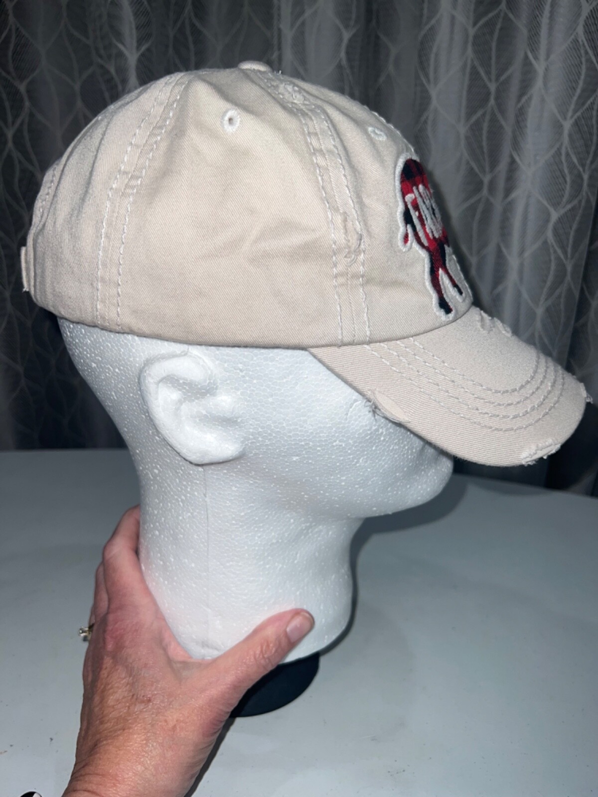 Farm Life Red Plaid Pig embroidered white distressed Hat Cap Hook Loop-Tag EUC