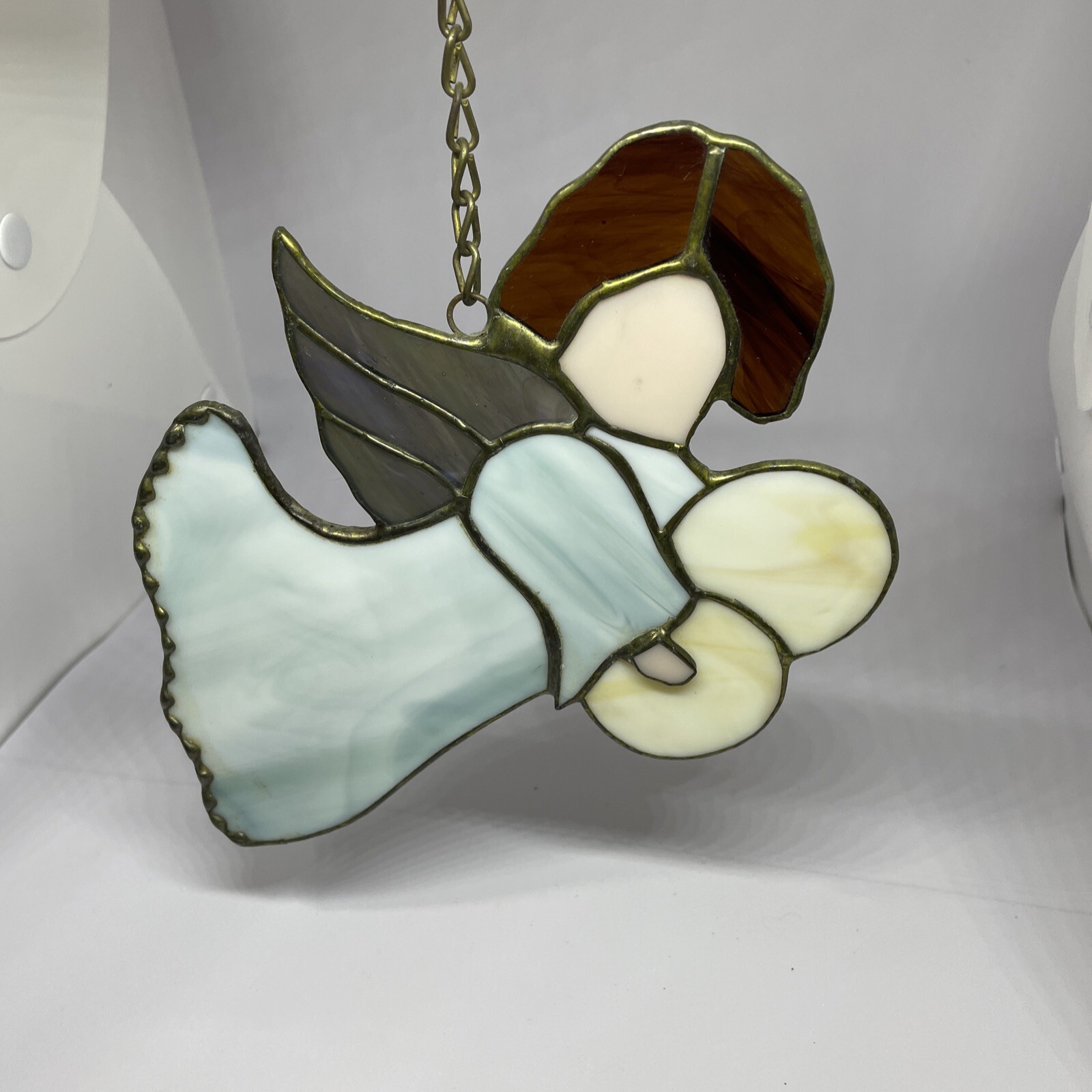 Vintage Stained Glass Sun Catcher Window Christmas Angel Pieced Brown Hair 9”